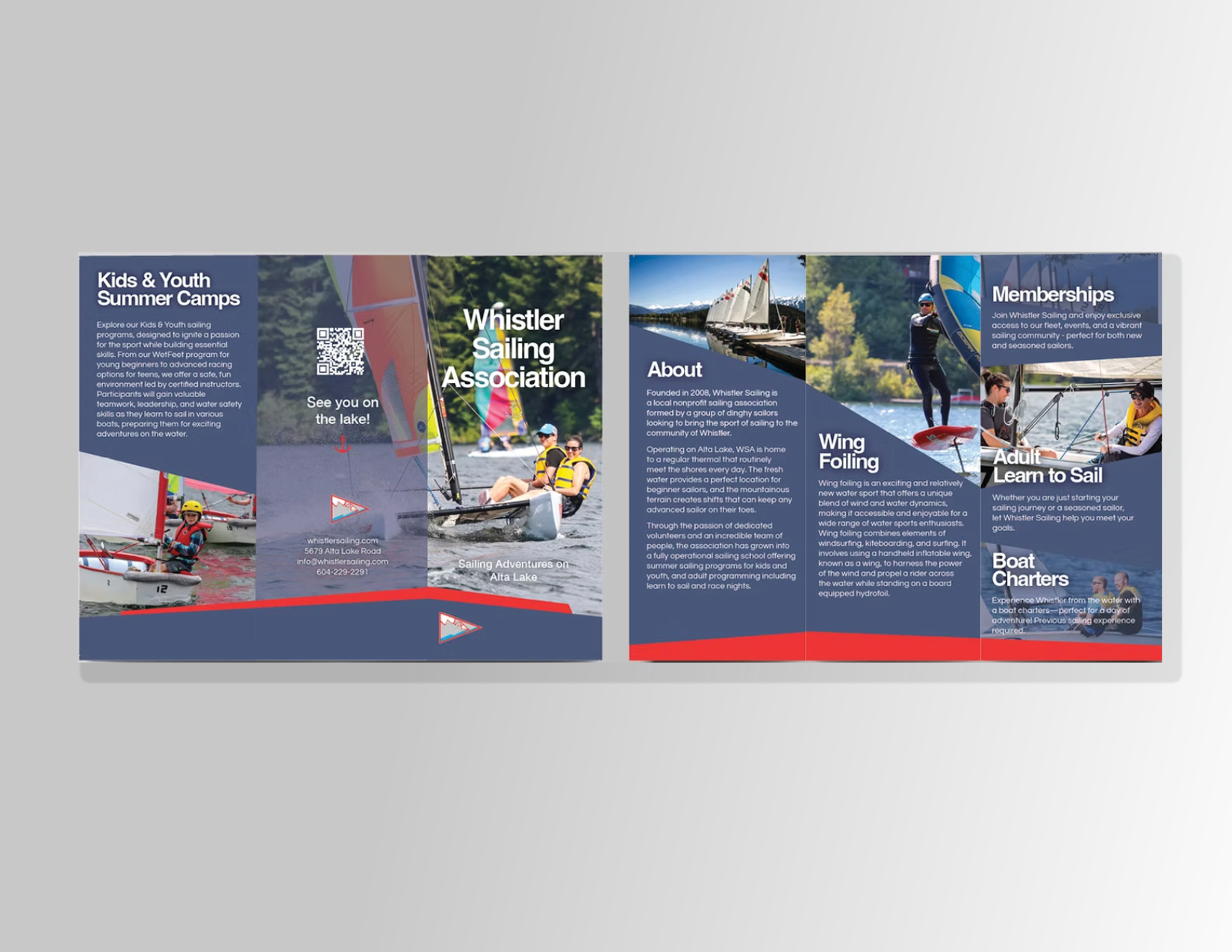 A mockup of a 3 page brochure designed for Whistler Sailing. The front and back of the brochure are layed out displaying the design.
