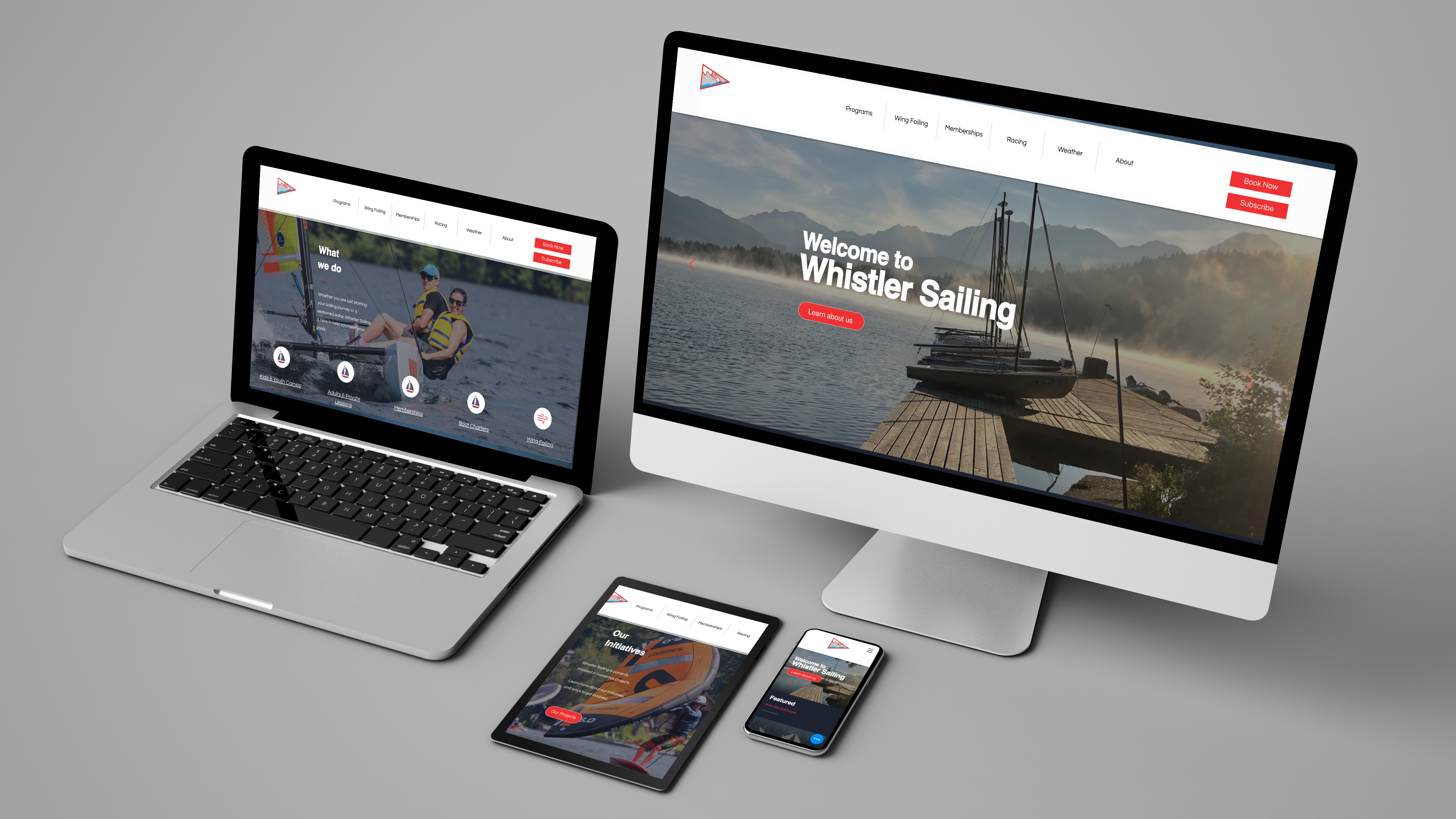 A mockup of the Whistler Sailing website displaying the site across different devices