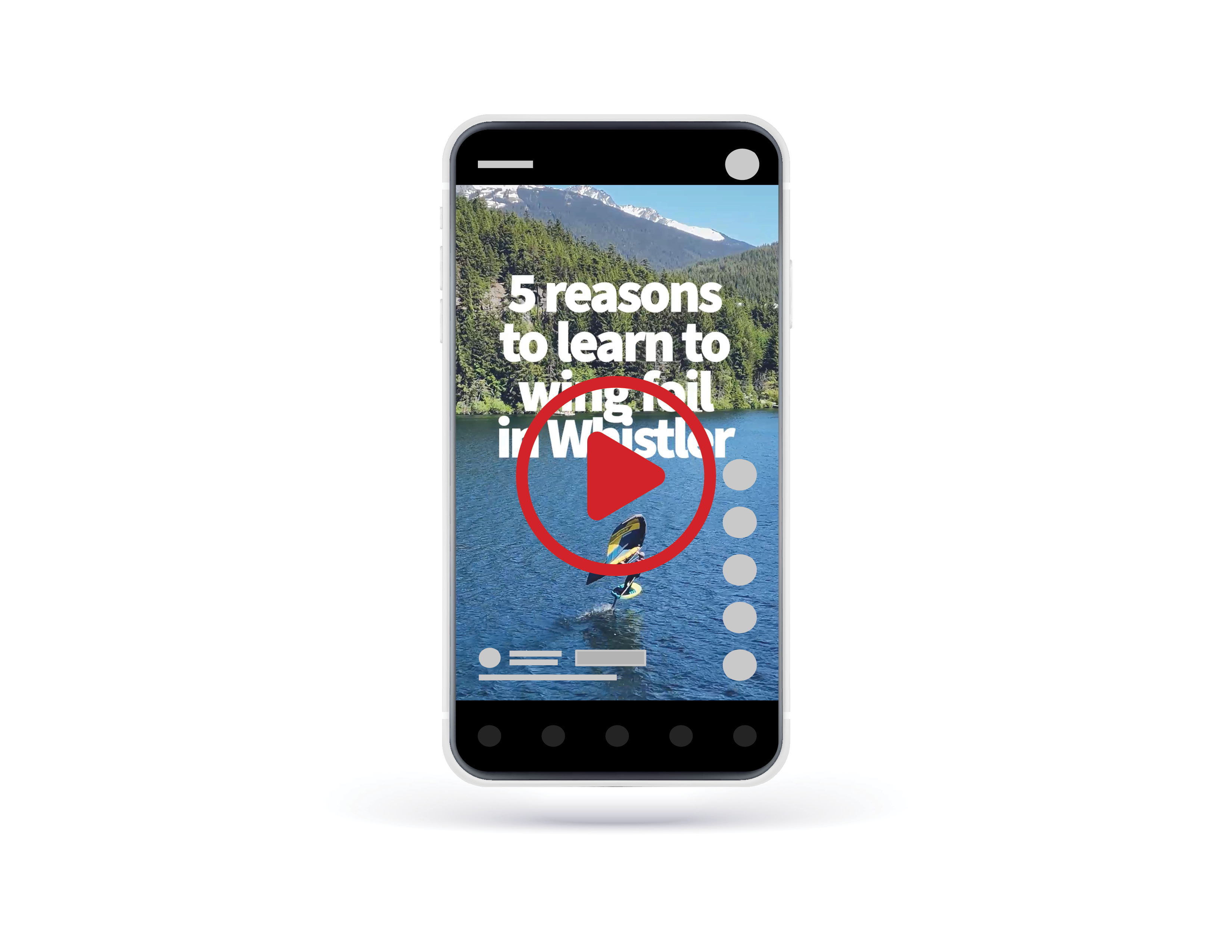 A mockup of a smart phone with a video on it. There is a big red play button on the device indicating it is a video.